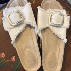 Frayed Edge White Slide Sandals